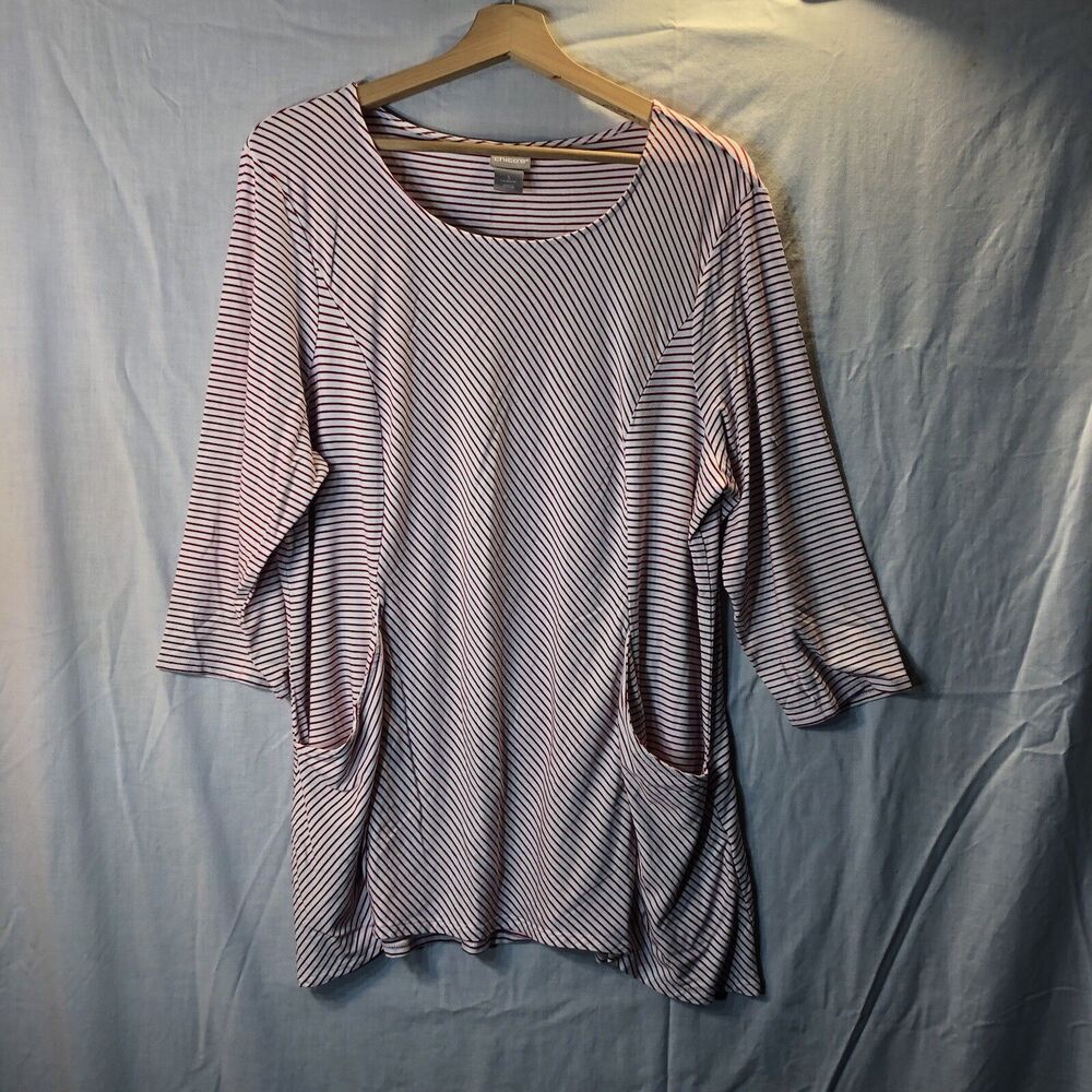 Chico's Size 3 XL White Red Striped Knit Top Pockets Rayon